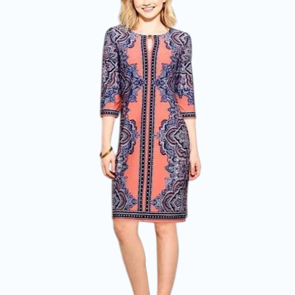NWT Dress Barn Signature Camryn Paisley Dress Coral & Navy Pullover Size 16